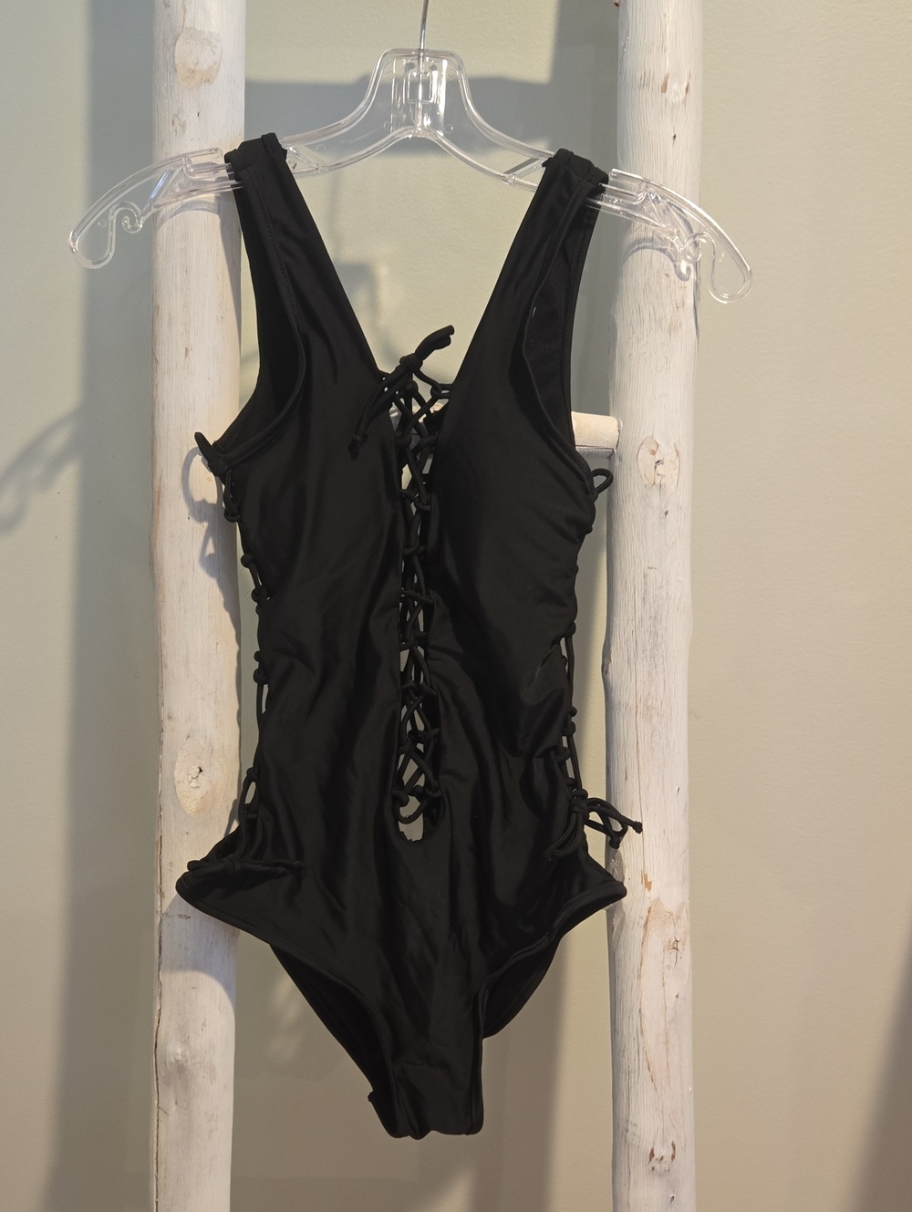 Black Lace-Up Front Back & Sides Woman One-Piece Swimsuit Small